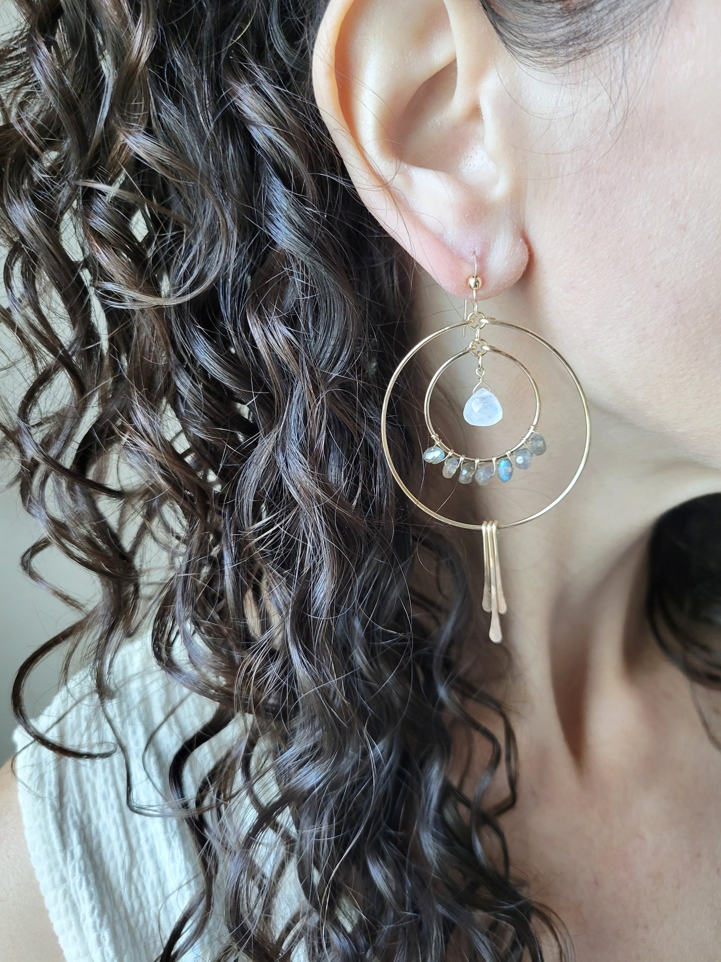 Labradorite and Moonstone Fringe Hoop Earrings