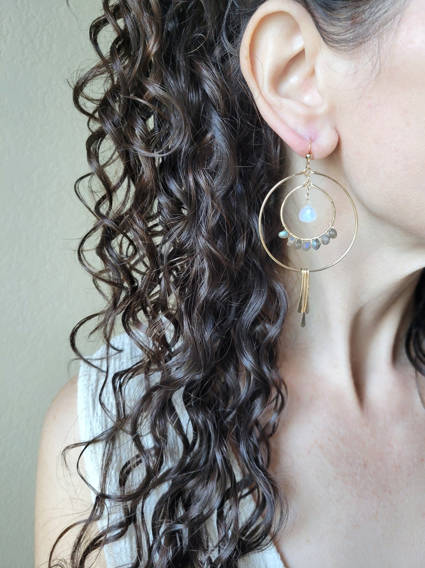 Labradorite and Moonstone Fringe Hoop Earrings