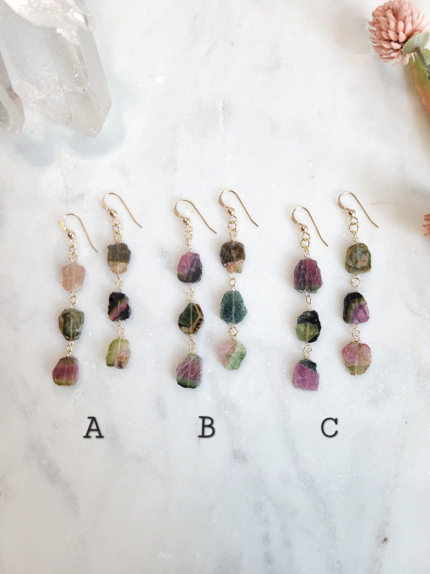 Raw Watermelon Tourmaline Dangle Earrings