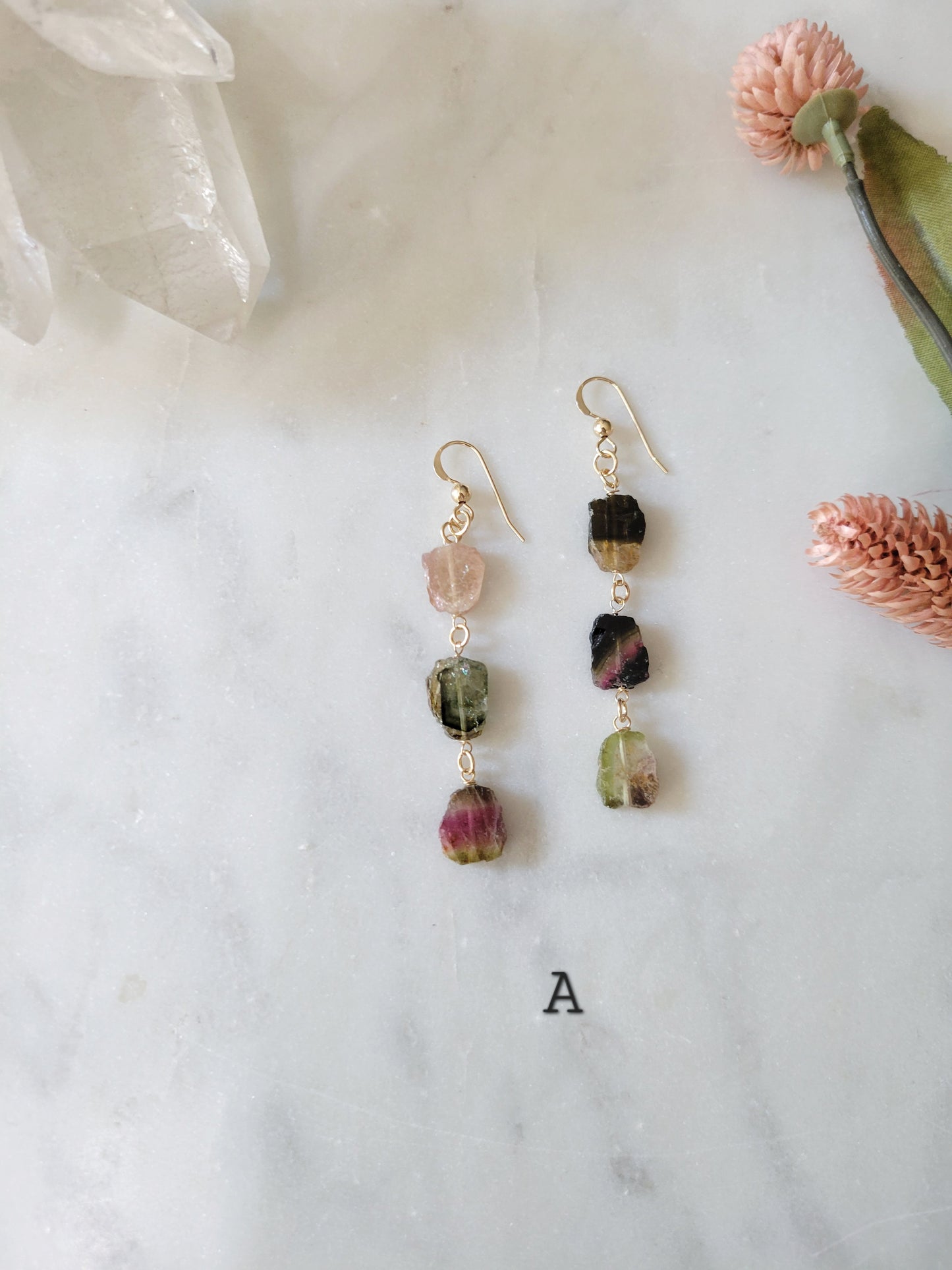 Raw Watermelon Tourmaline Dangle Earrings