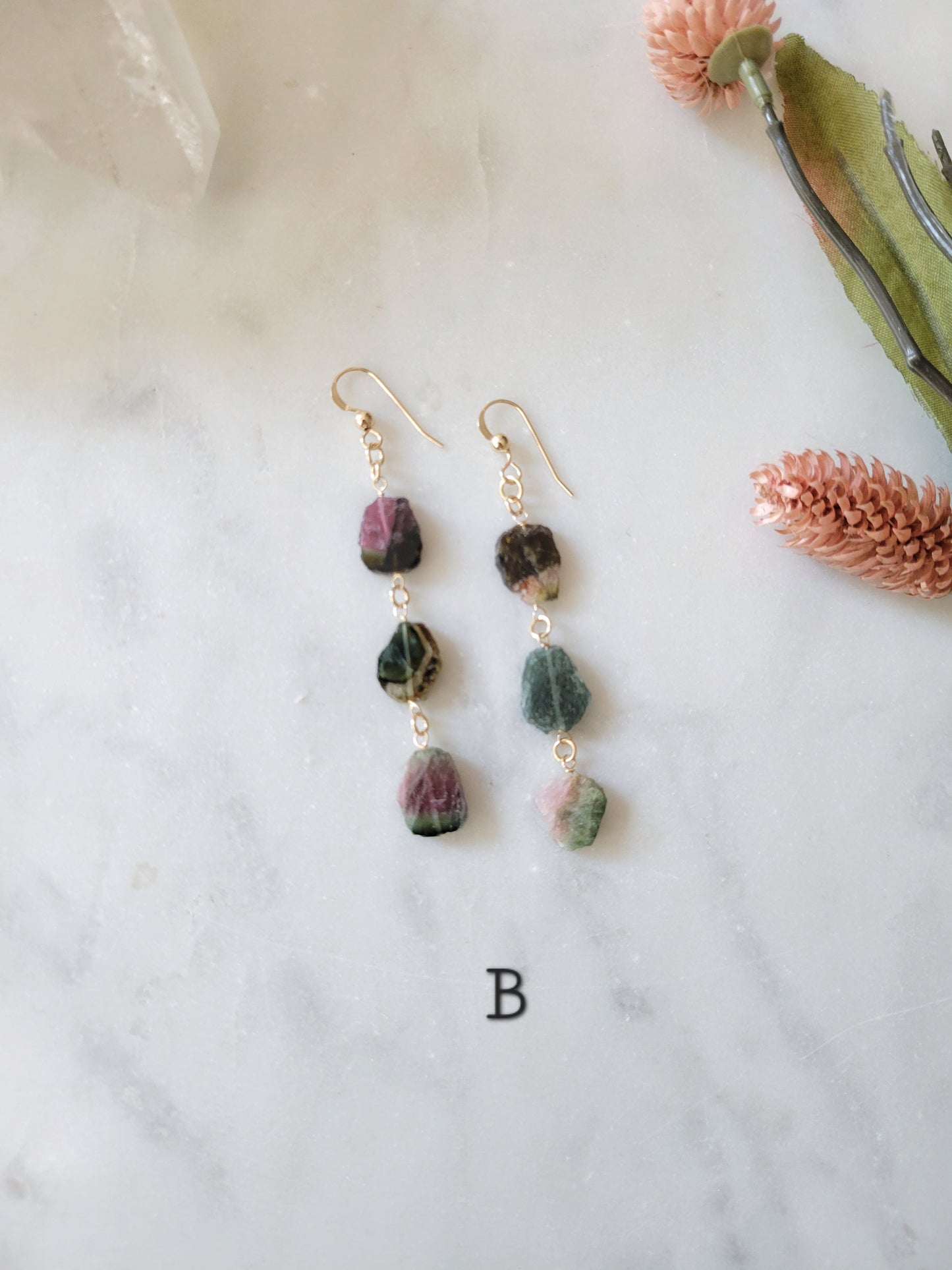 Raw Watermelon Tourmaline Dangle Earrings