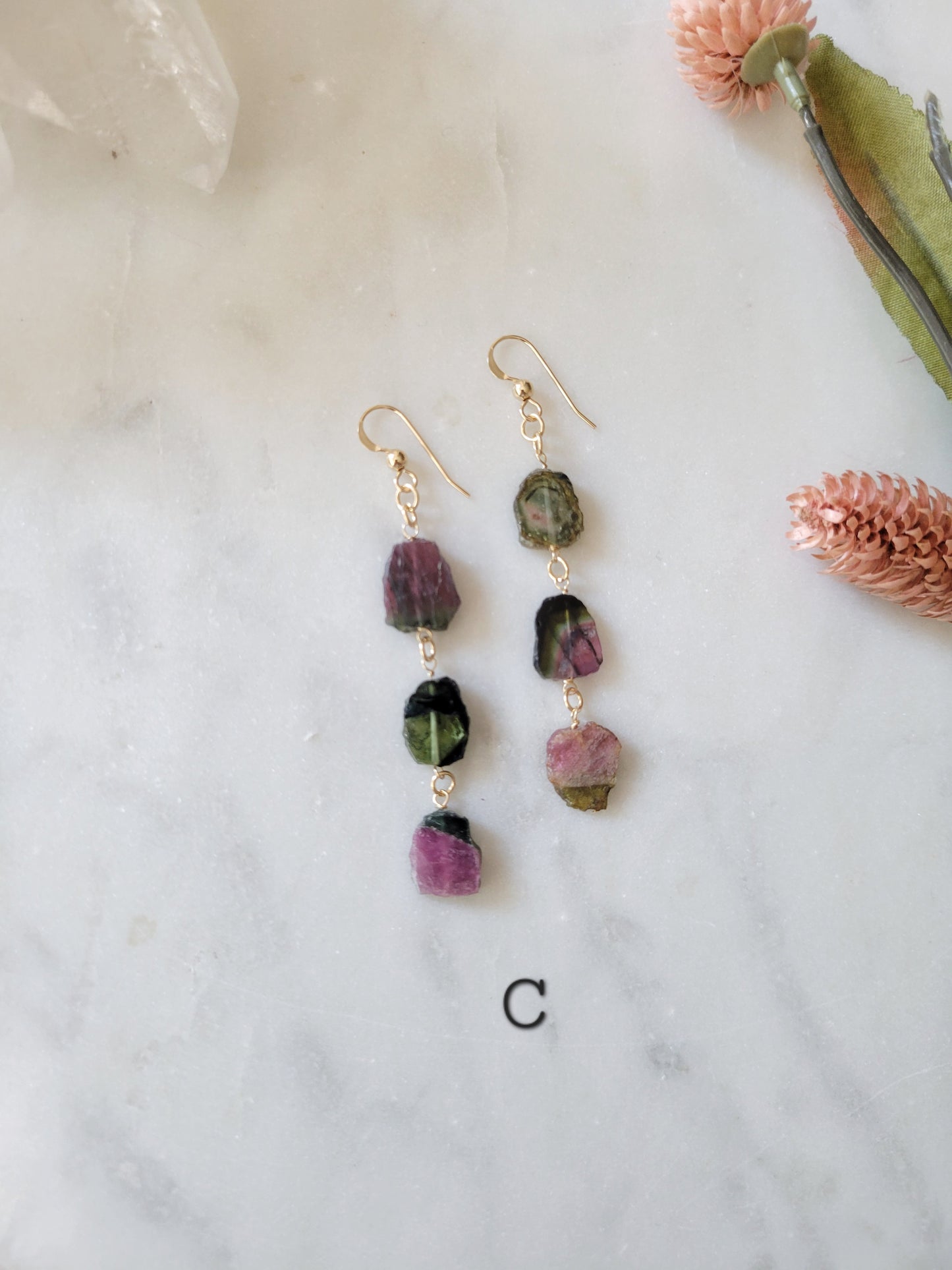 Raw Watermelon Tourmaline Dangle Earrings