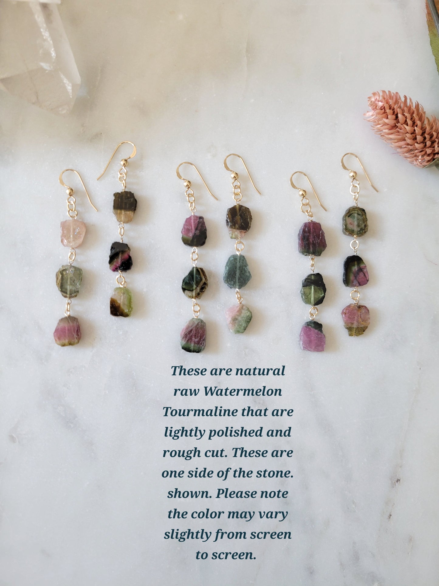 Raw Watermelon Tourmaline Dangle Earrings