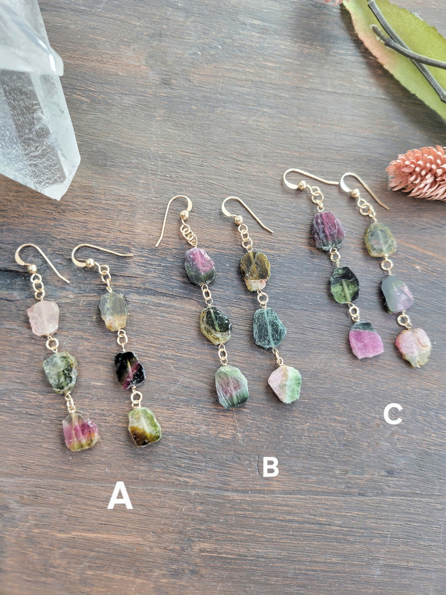 Raw Watermelon Tourmaline Dangle Earrings