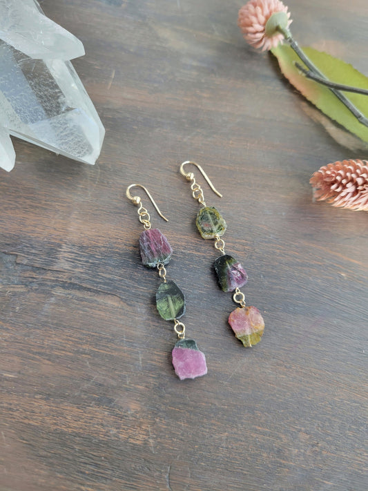 Raw Watermelon Tourmaline Dangle Earrings