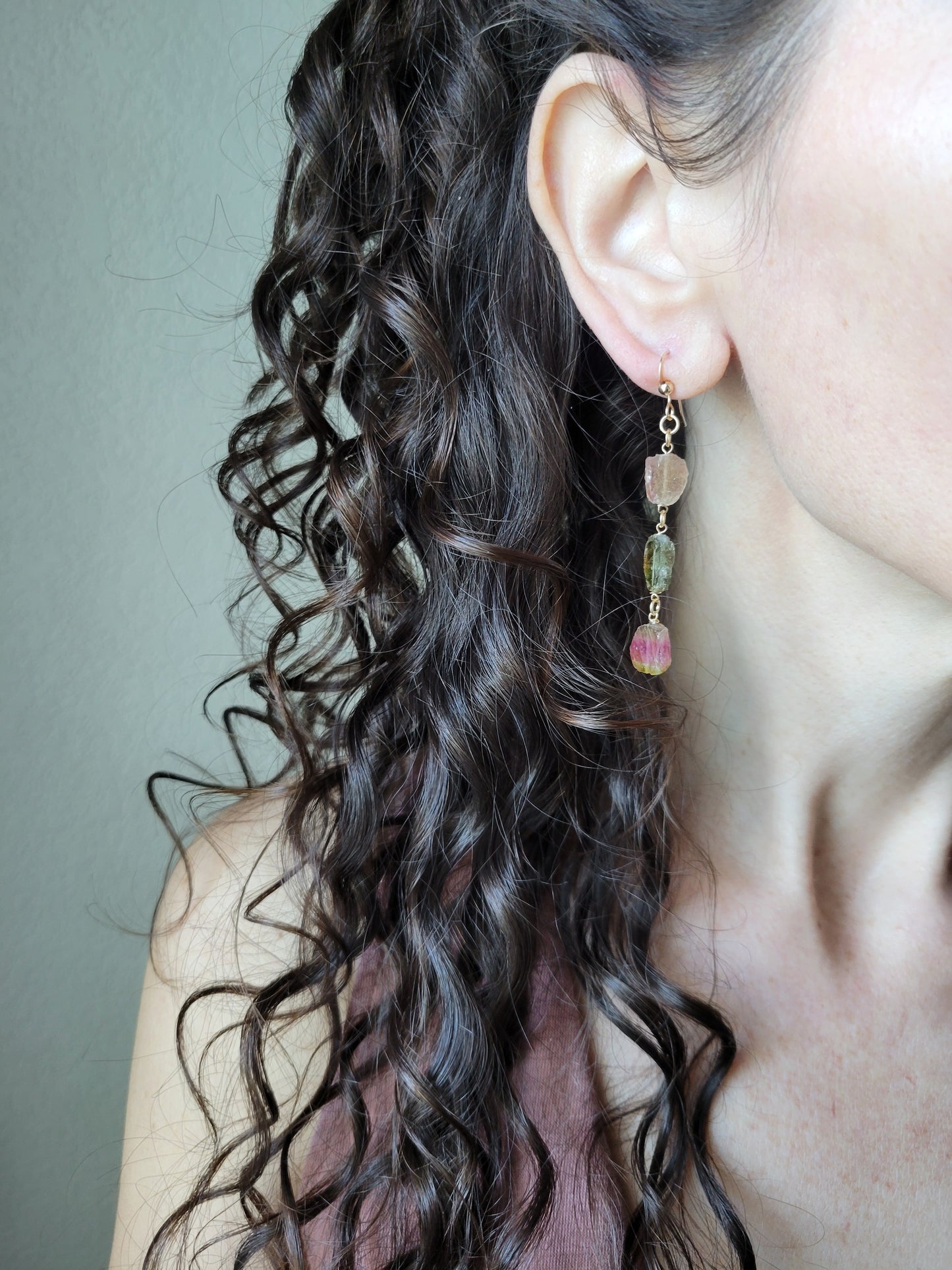 Raw Watermelon Tourmaline Dangle Earrings