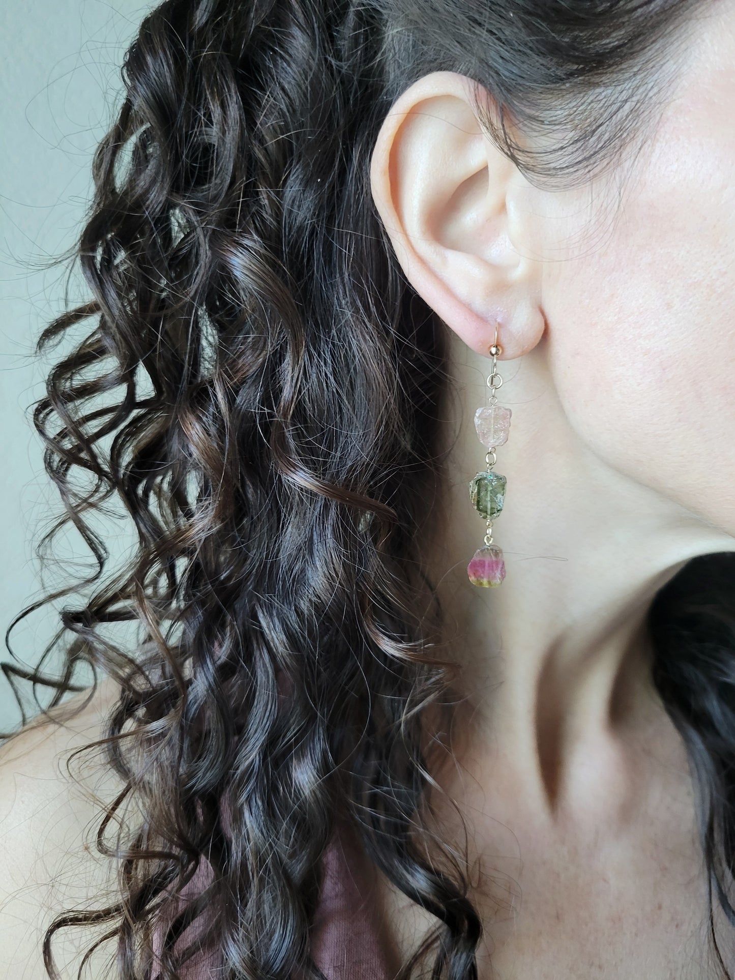 Raw Watermelon Tourmaline Dangle Earrings