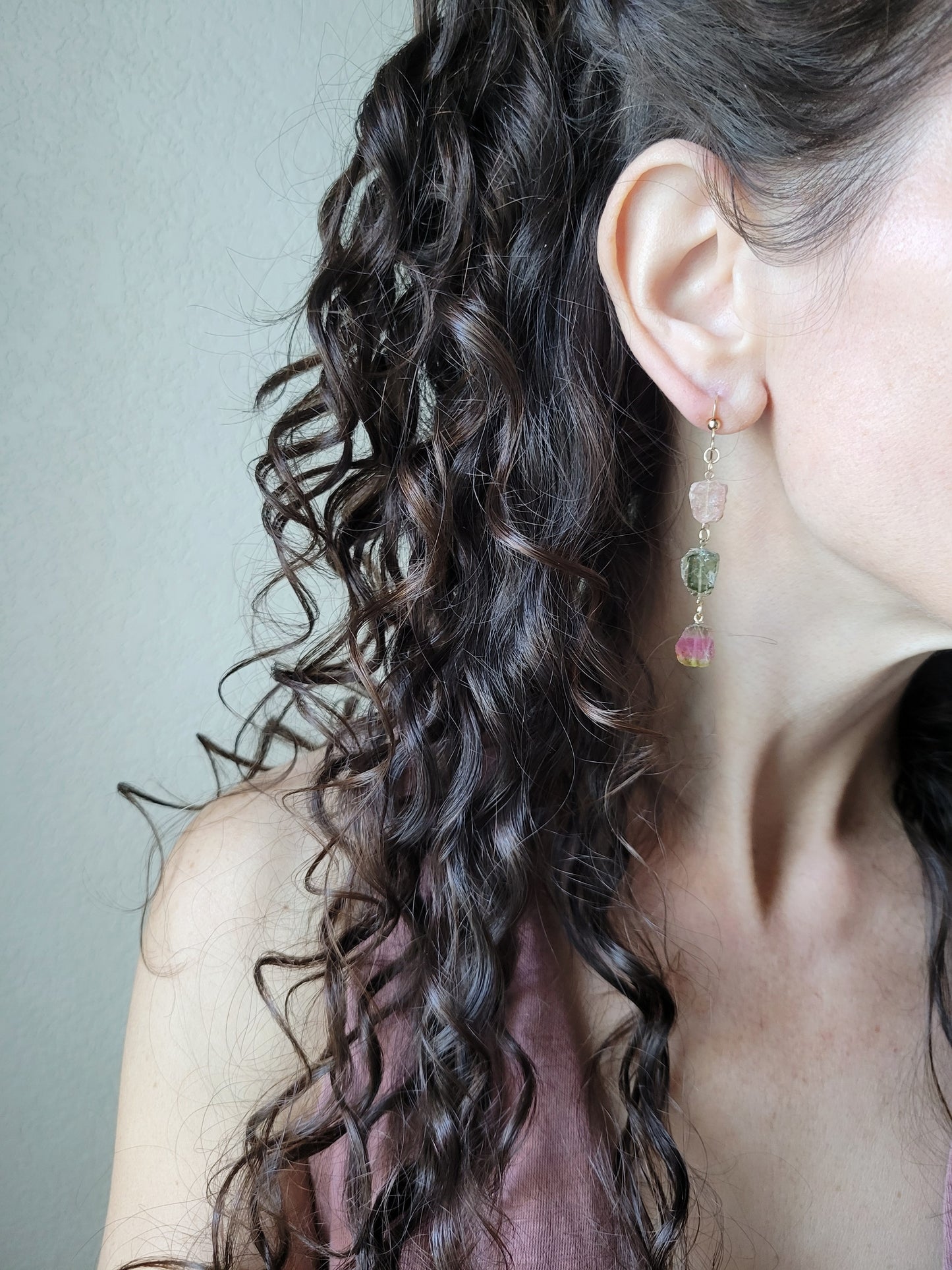 Raw Watermelon Tourmaline Dangle Earrings