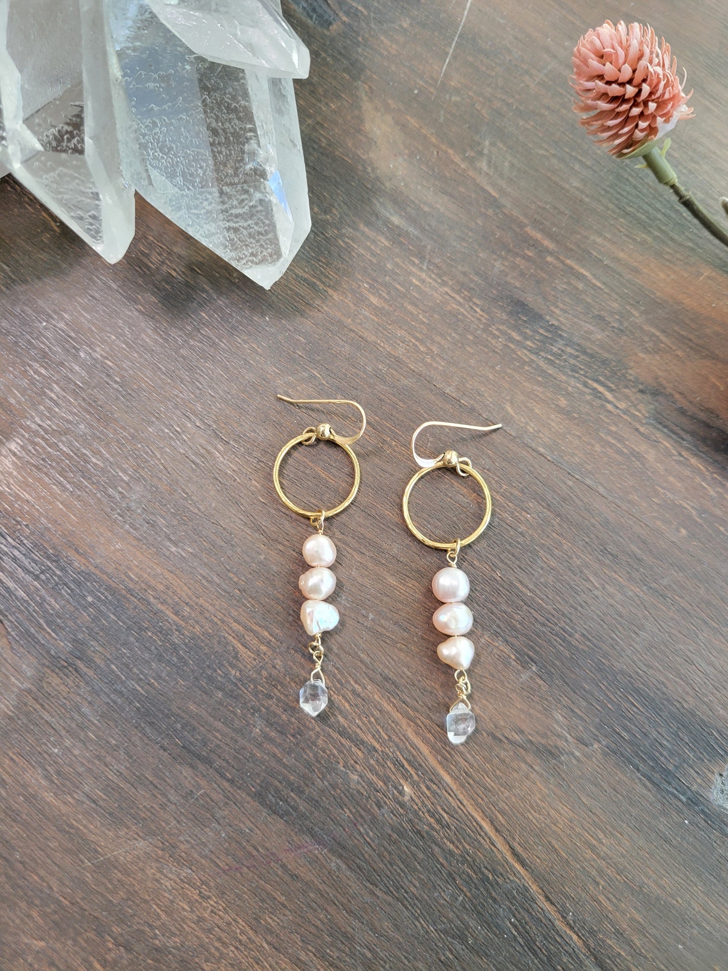 Pearl and Herkimer Diamond Dangle Earrings