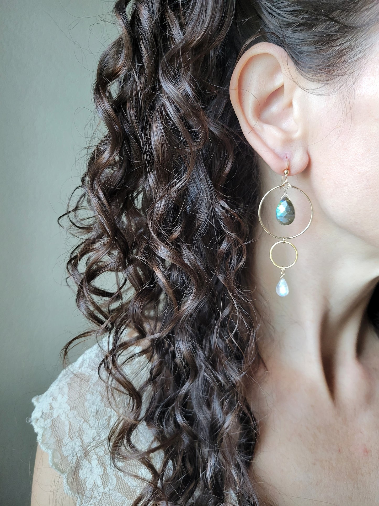 Labradorite and Moonstone Dangle Hoop Earrings
