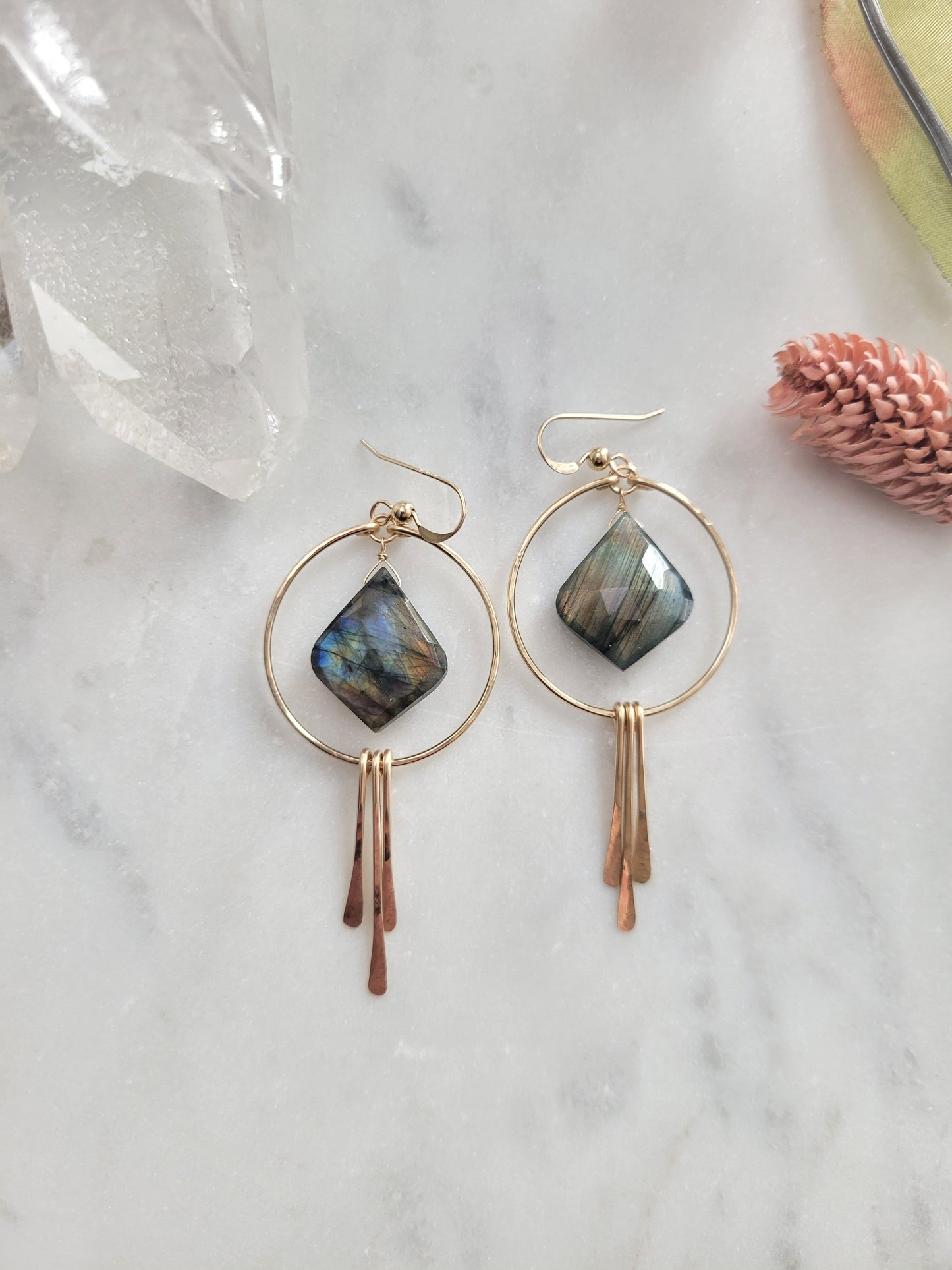 Labradorite Petal Hoop Fringe Earrings