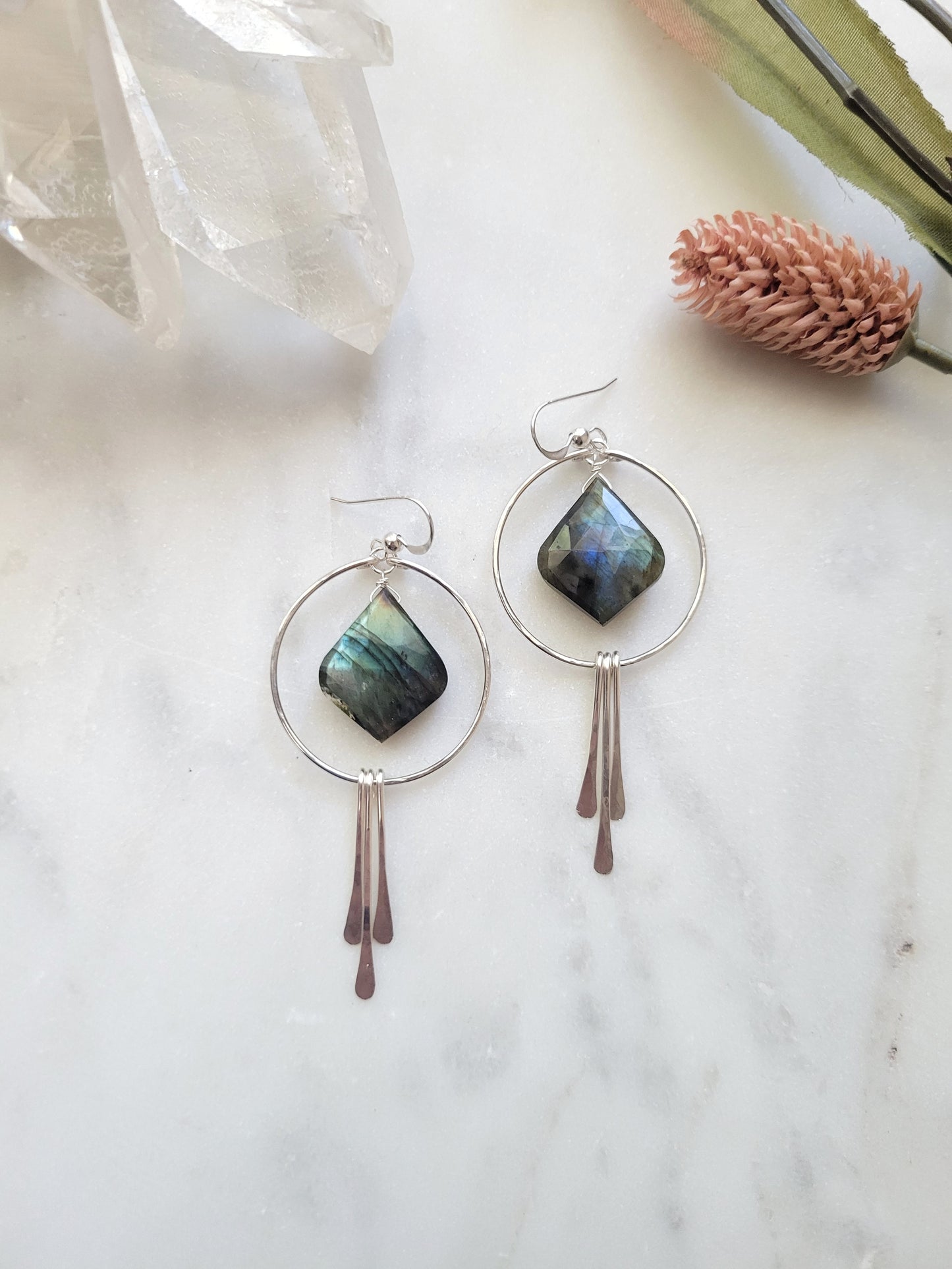Labradorite Petal Hoop Fringe Earrings