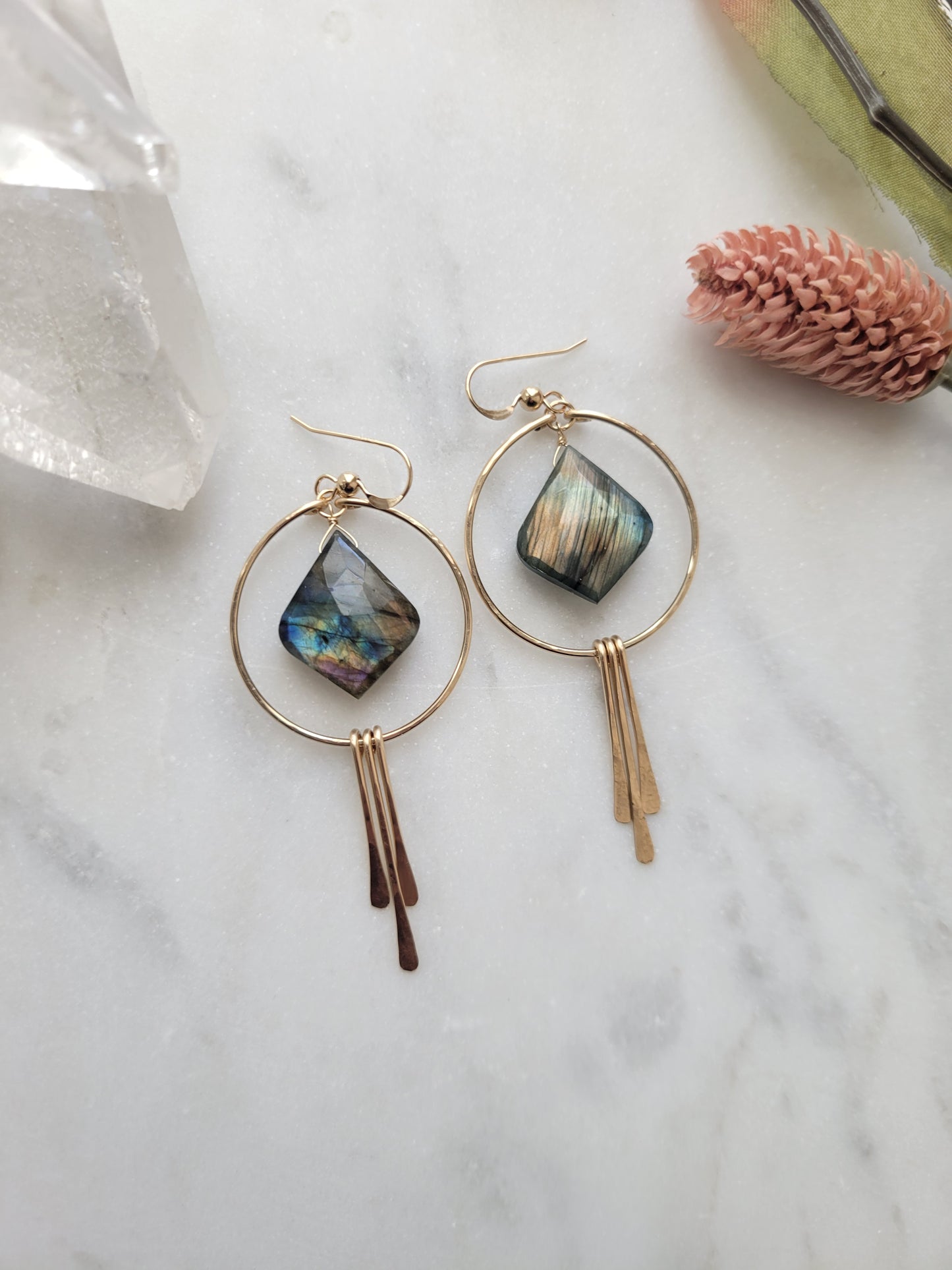 Labradorite Petal Hoop Fringe Earrings