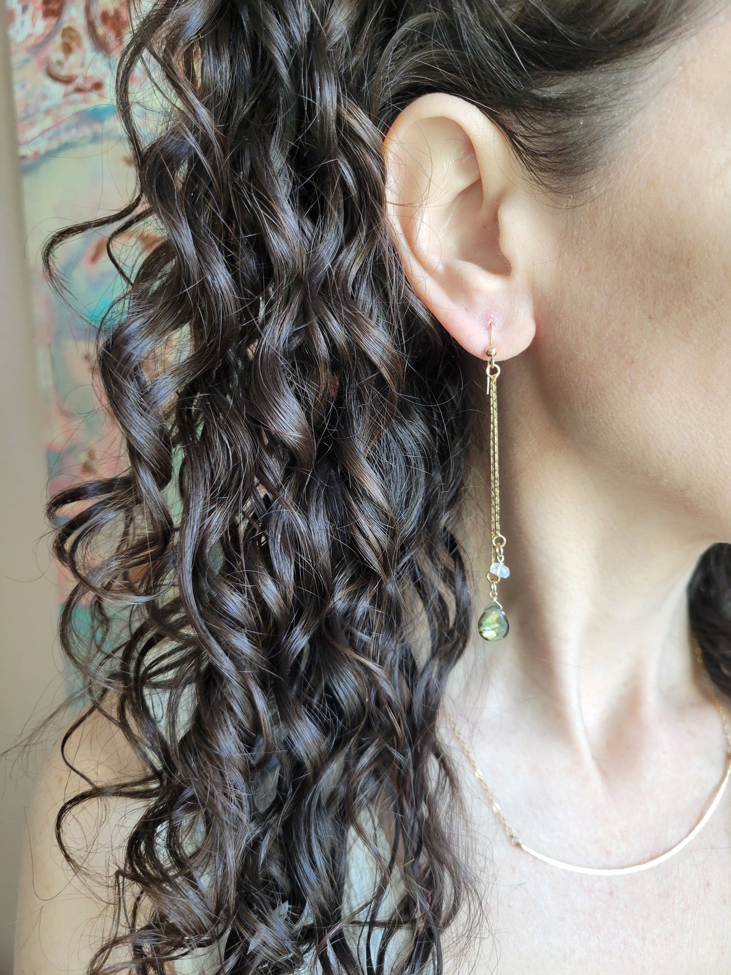 Labradorite Moonstone Dangle Chain Earrings