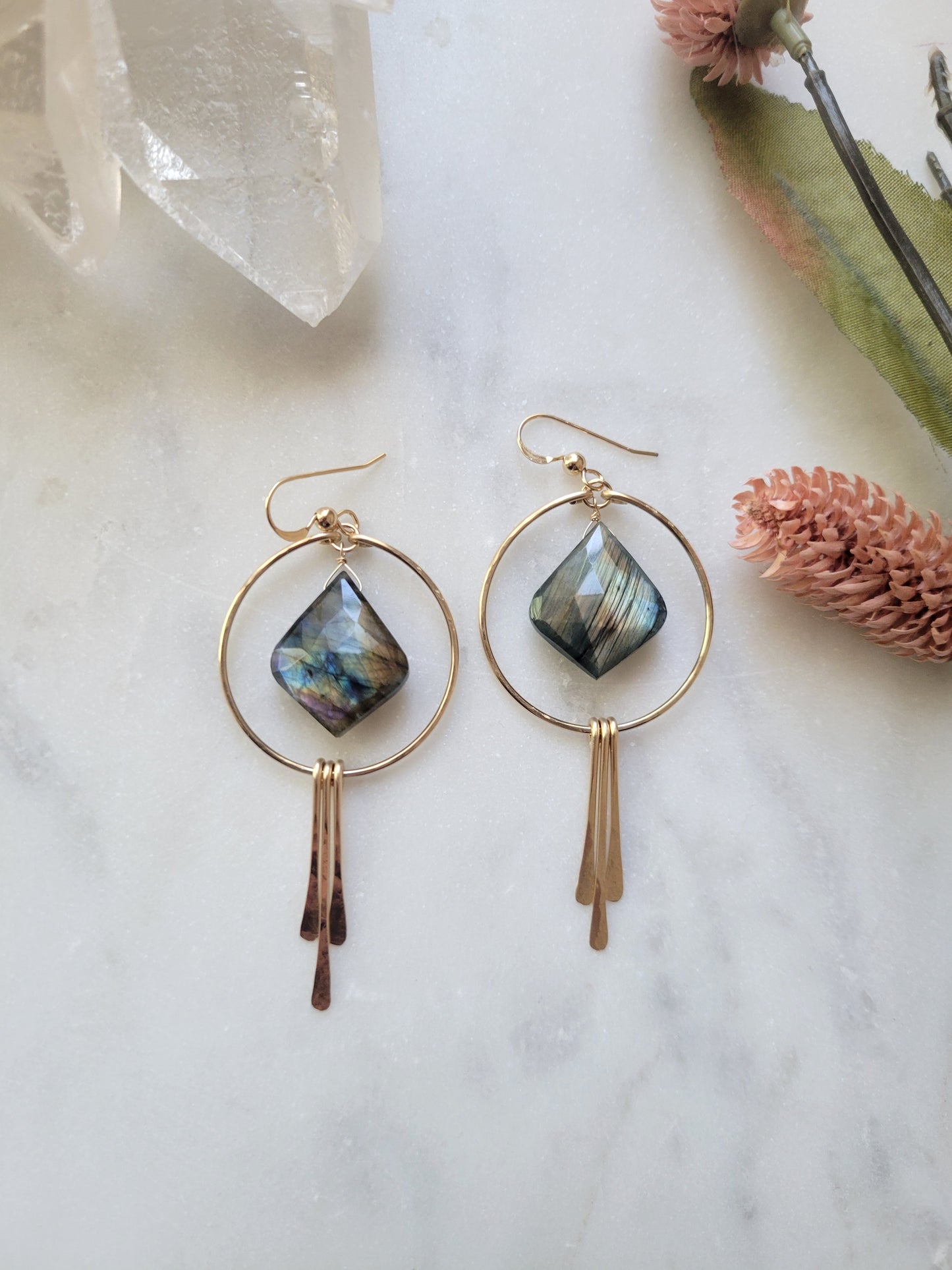 Labradorite Petal Hoop Fringe Earrings