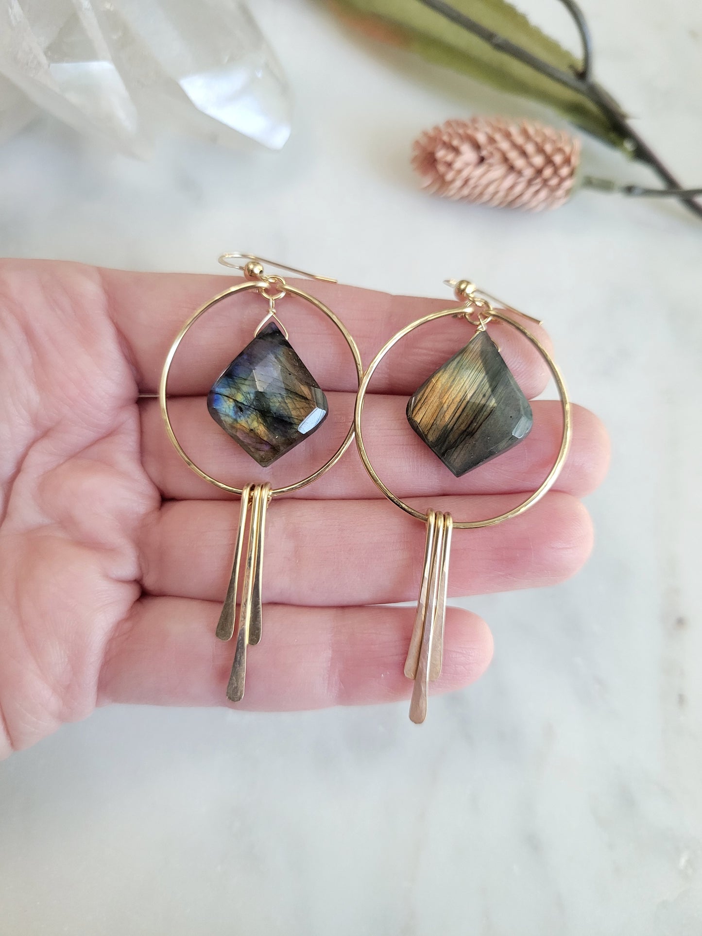 Labradorite Petal Hoop Fringe Earrings