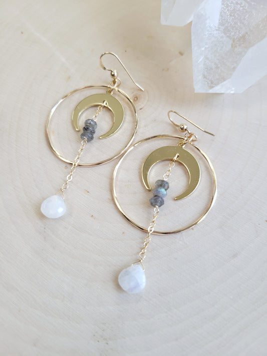 Labradorite Moonstone Crescent Hoop Earrings