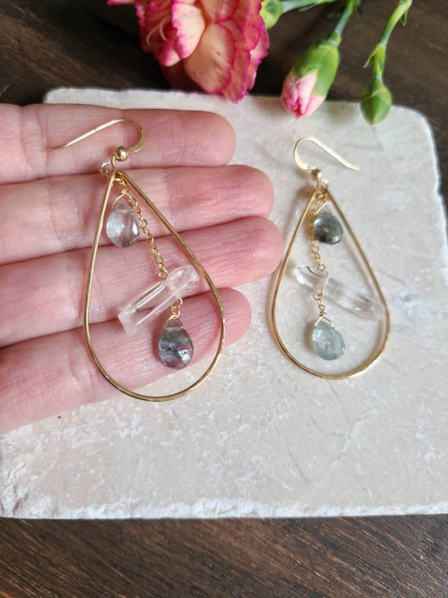Moss Aquamarine Quartz Hoops