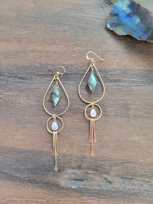 Labradorite and Moonstone Fringe Earrings