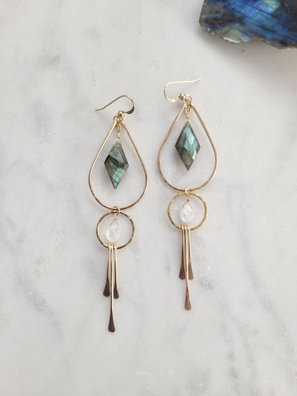 Labradorite and Moonstone Fringe Earrings