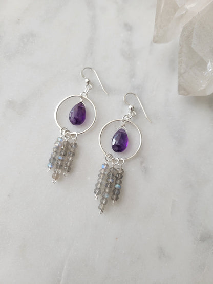 Labradorite Fringe Earrings with Amethyst