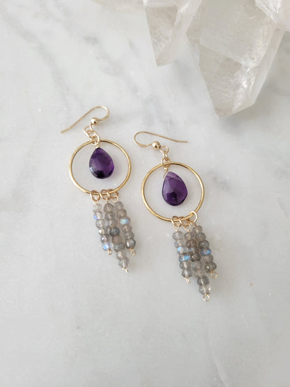 Labradorite Fringe Earrings with Amethyst