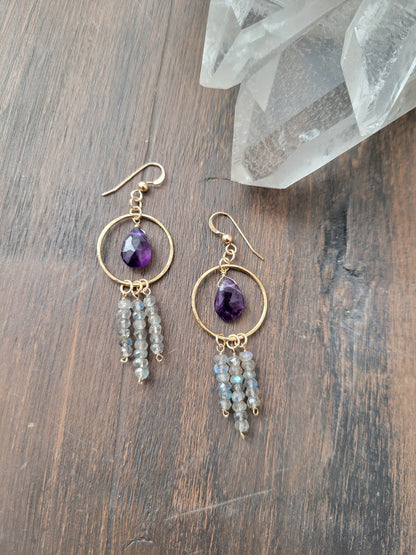 Labradorite Fringe Earrings with Amethyst