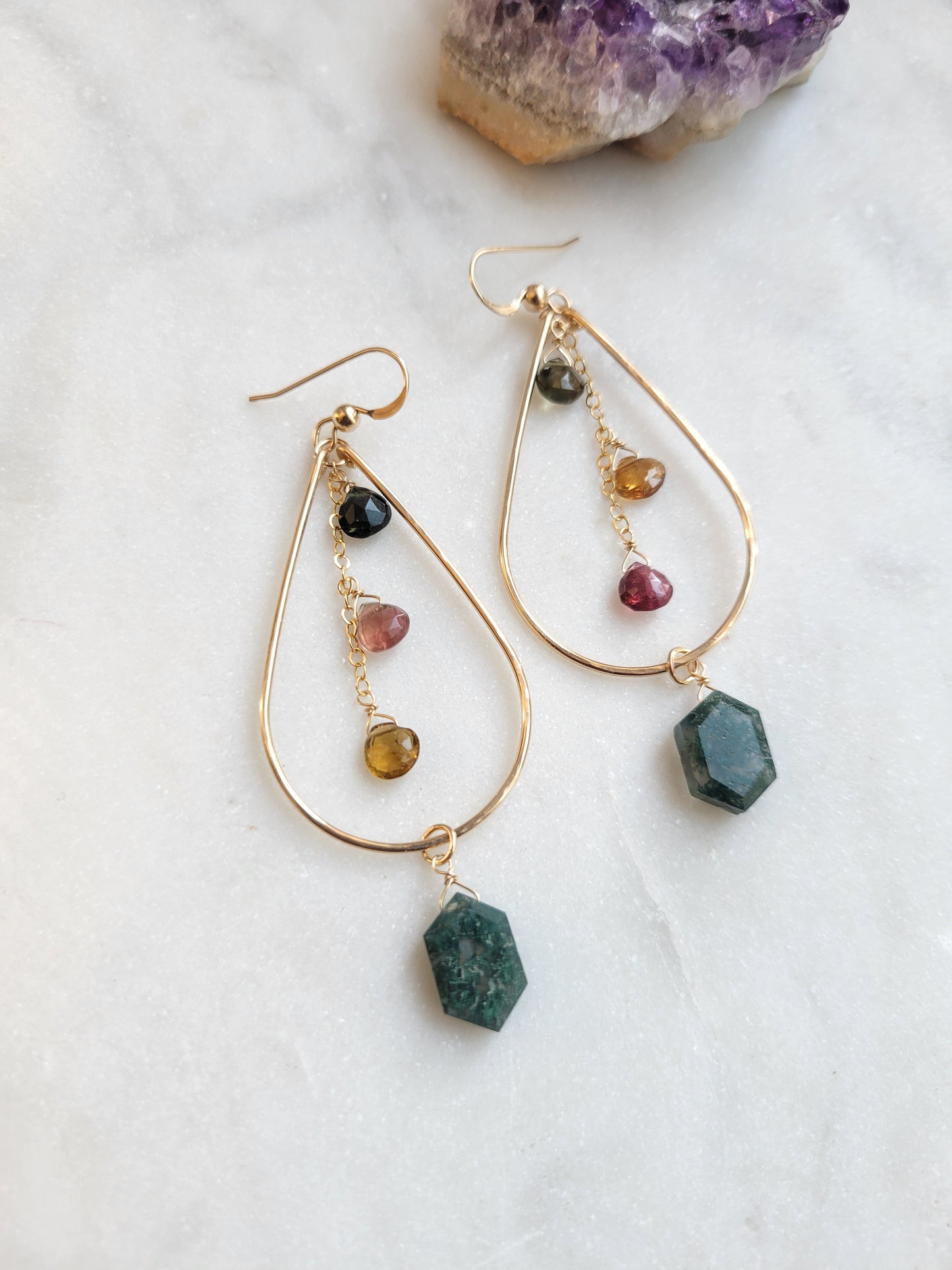 Watermelon Tourmaline and Moss Agate Hoop Earrings