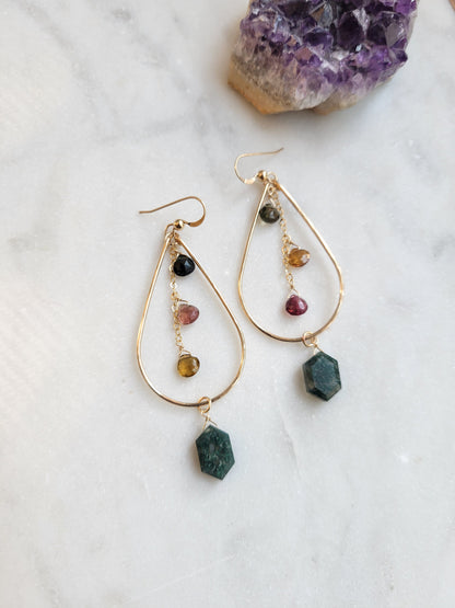 Watermelon Tourmaline and Moss Agate Hoop Earrings