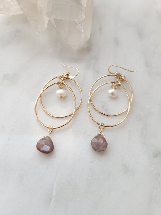 Chocolate Moonstone and Pearl Hoop Earrings