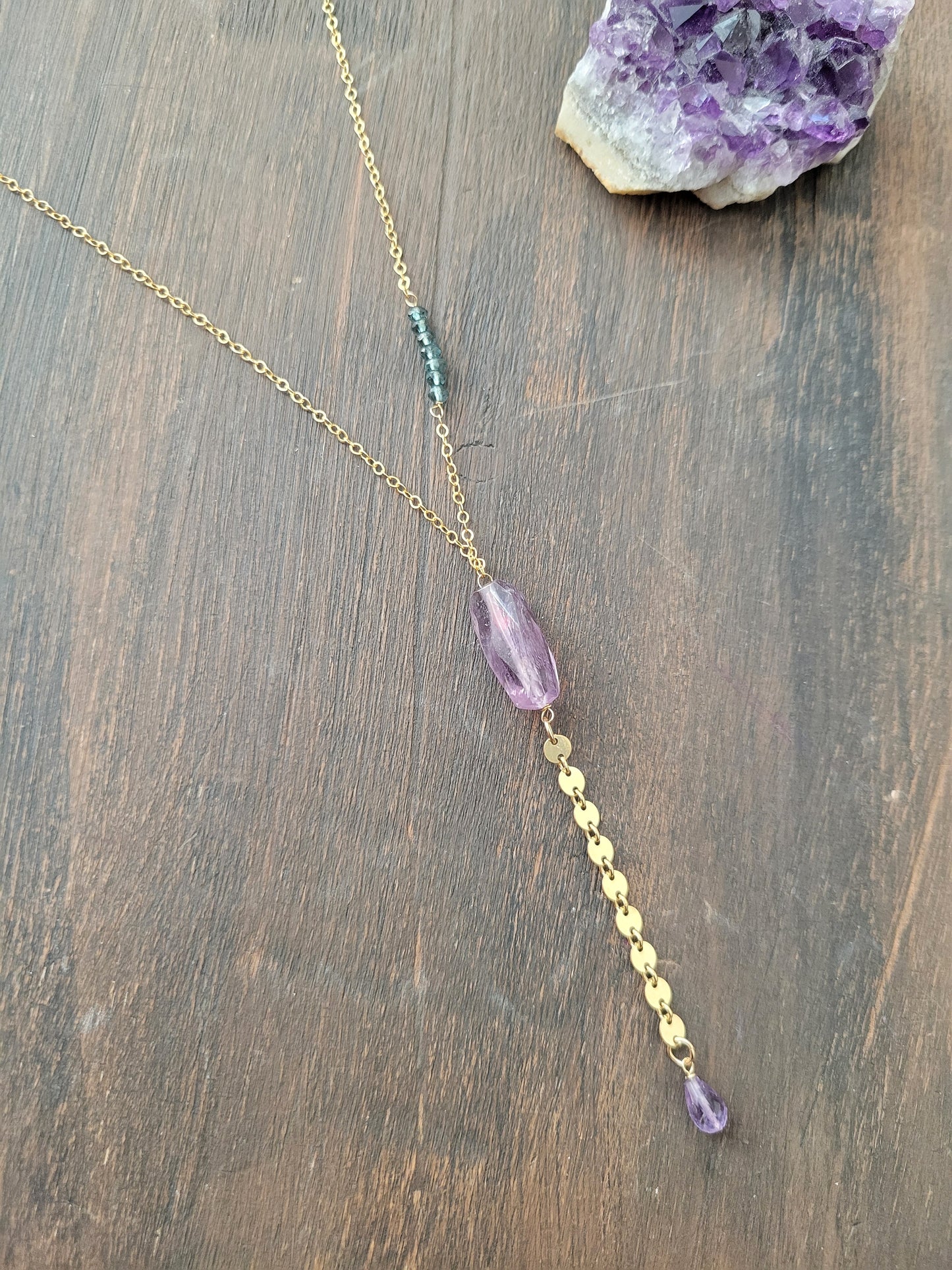 Amethyst and Moss Aquamarine Y Necklace