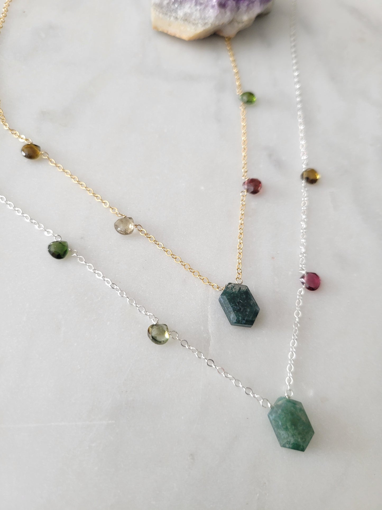 Watermelon Tourmaline Necklace with Moss Agate