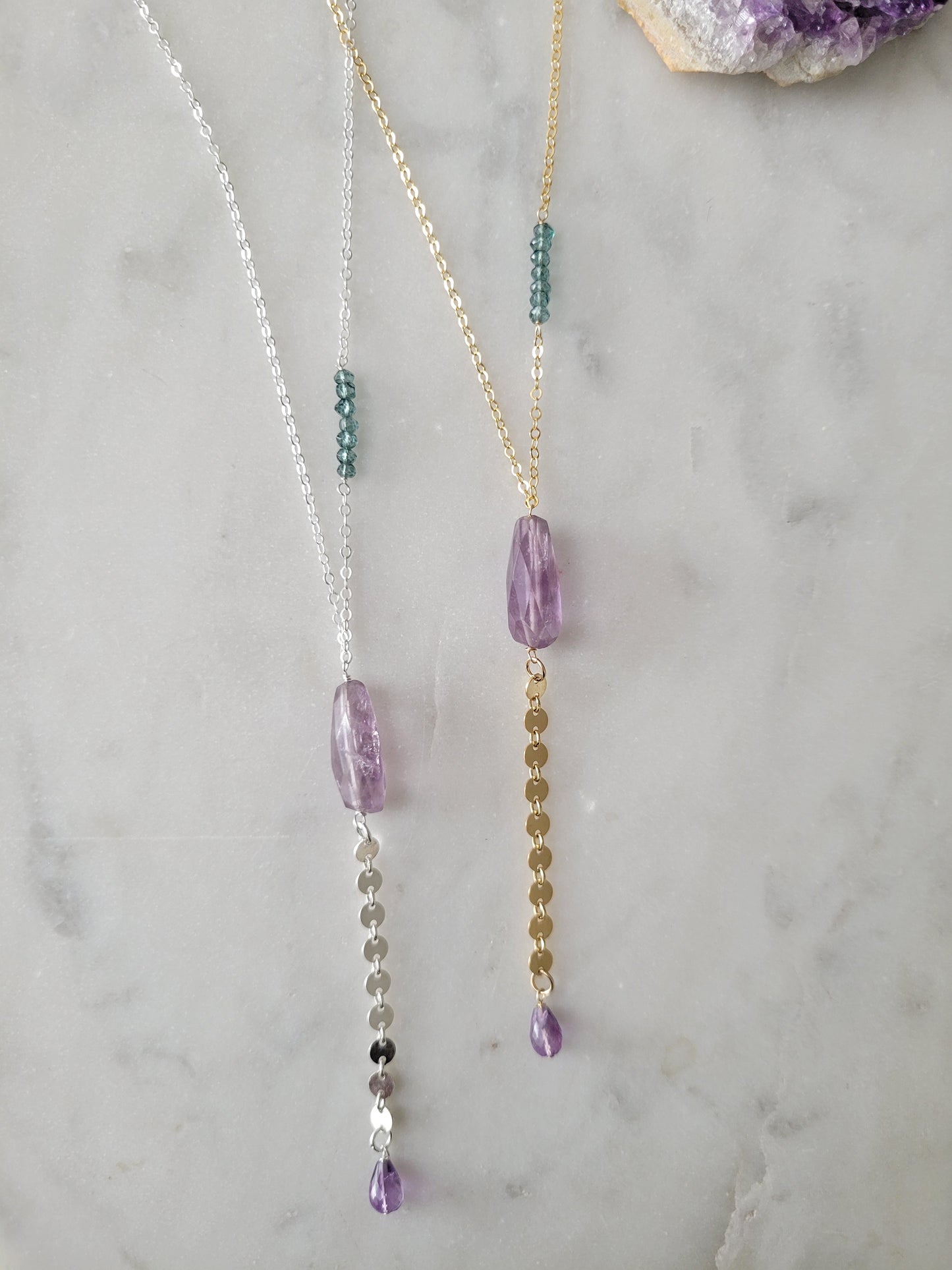 Amethyst and Moss Aquamarine Y Necklace