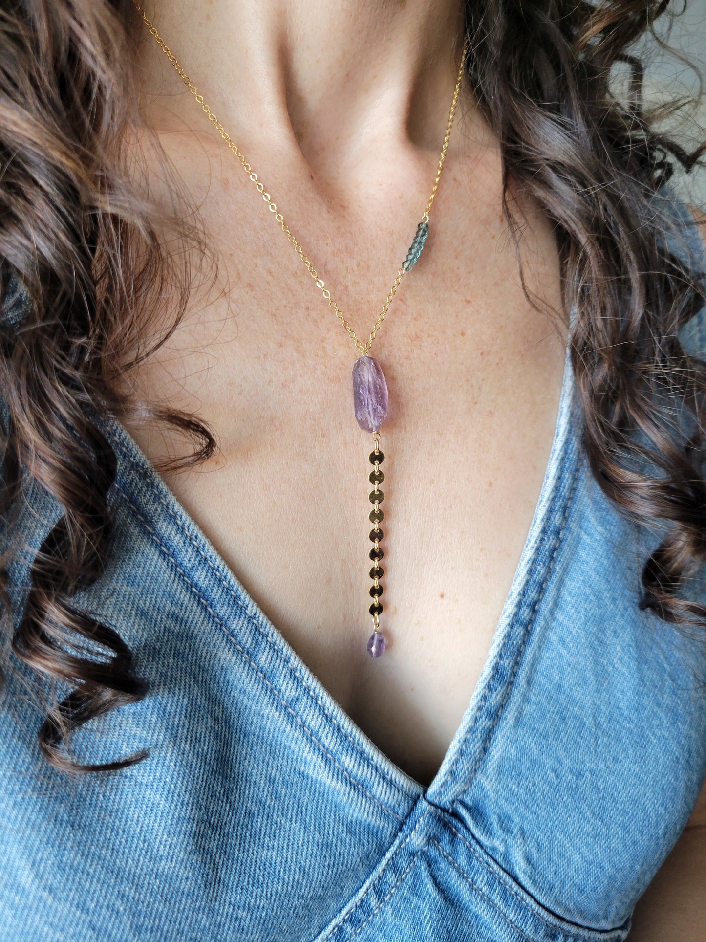 Amethyst and Moss Aquamarine Y Necklace