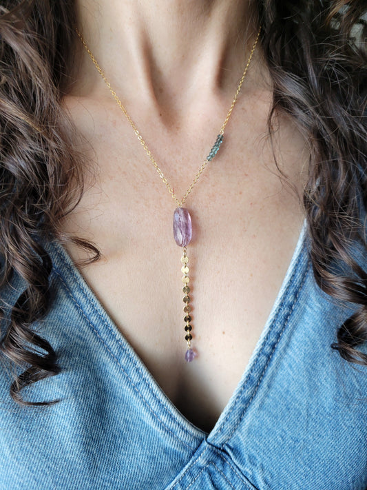 Amethyst and Moss Aquamarine Y Necklace