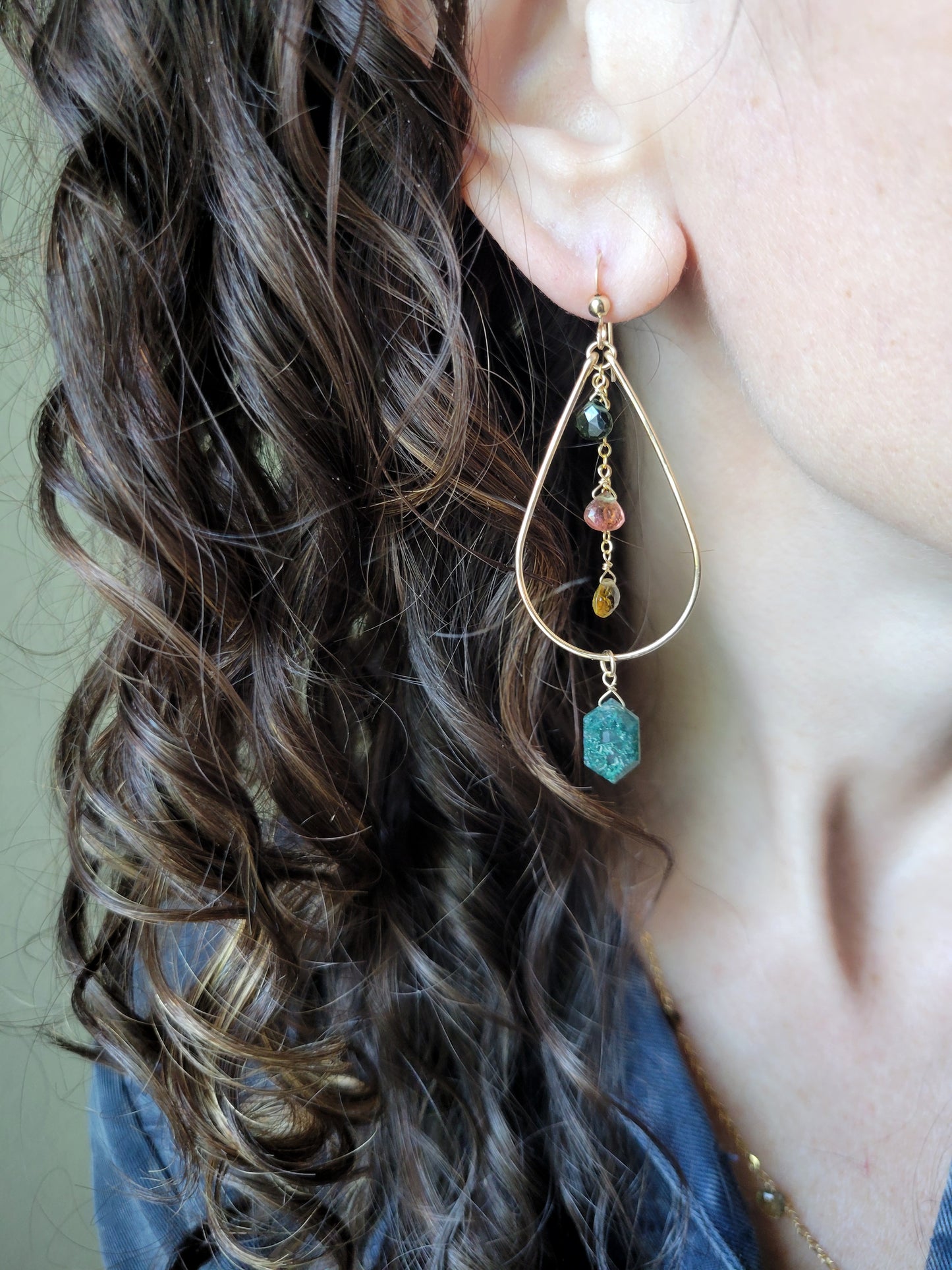 Watermelon Tourmaline and Moss Agate Hoop Earrings