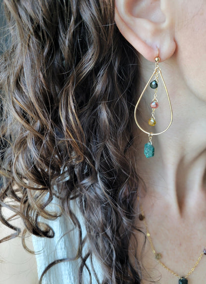 Watermelon Tourmaline and Moss Agate Hoop Earrings