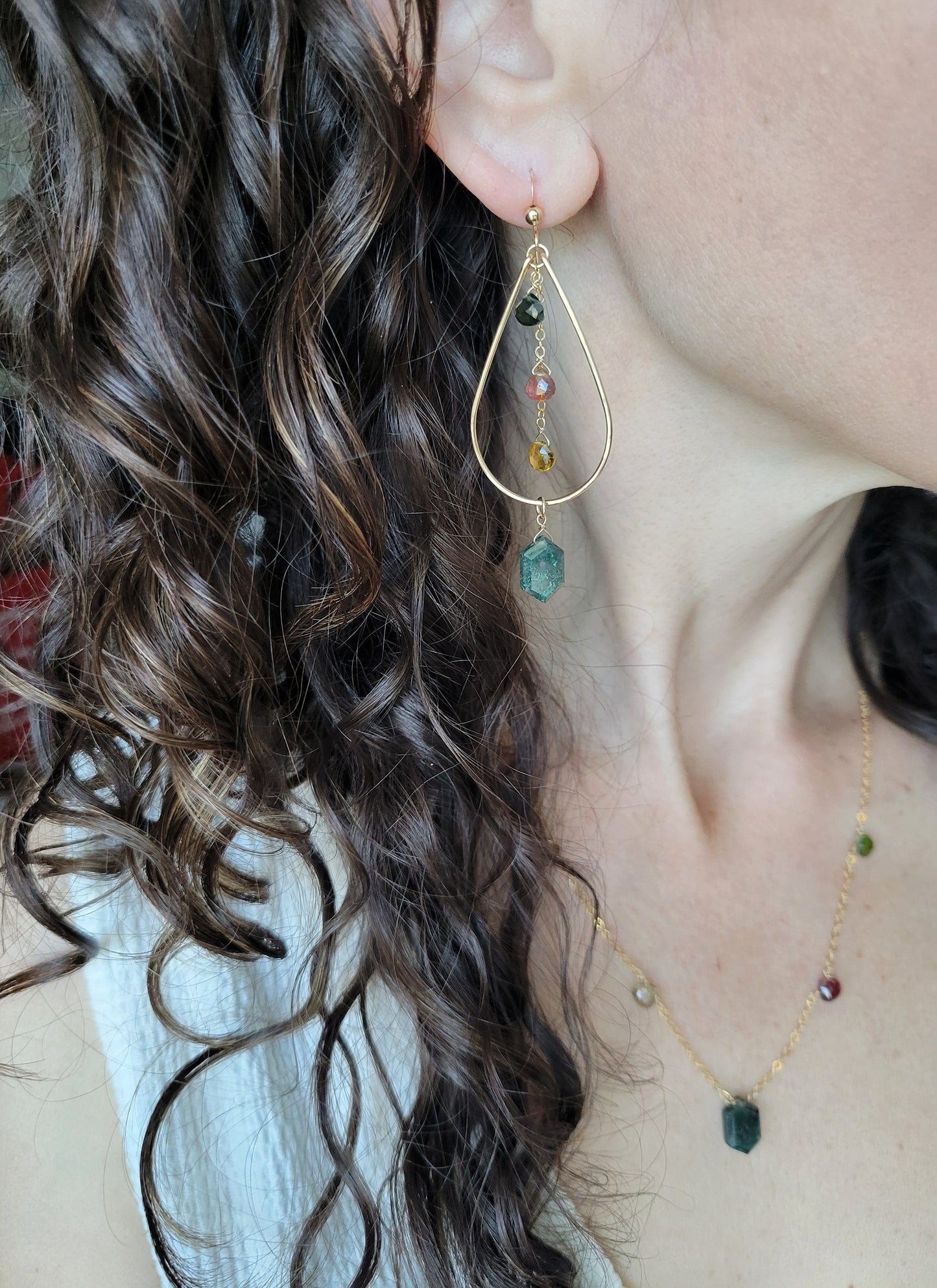 Watermelon Tourmaline and Moss Agate Hoop Earrings