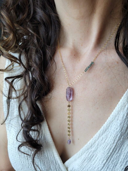 Amethyst and Moss Aquamarine Y Necklace