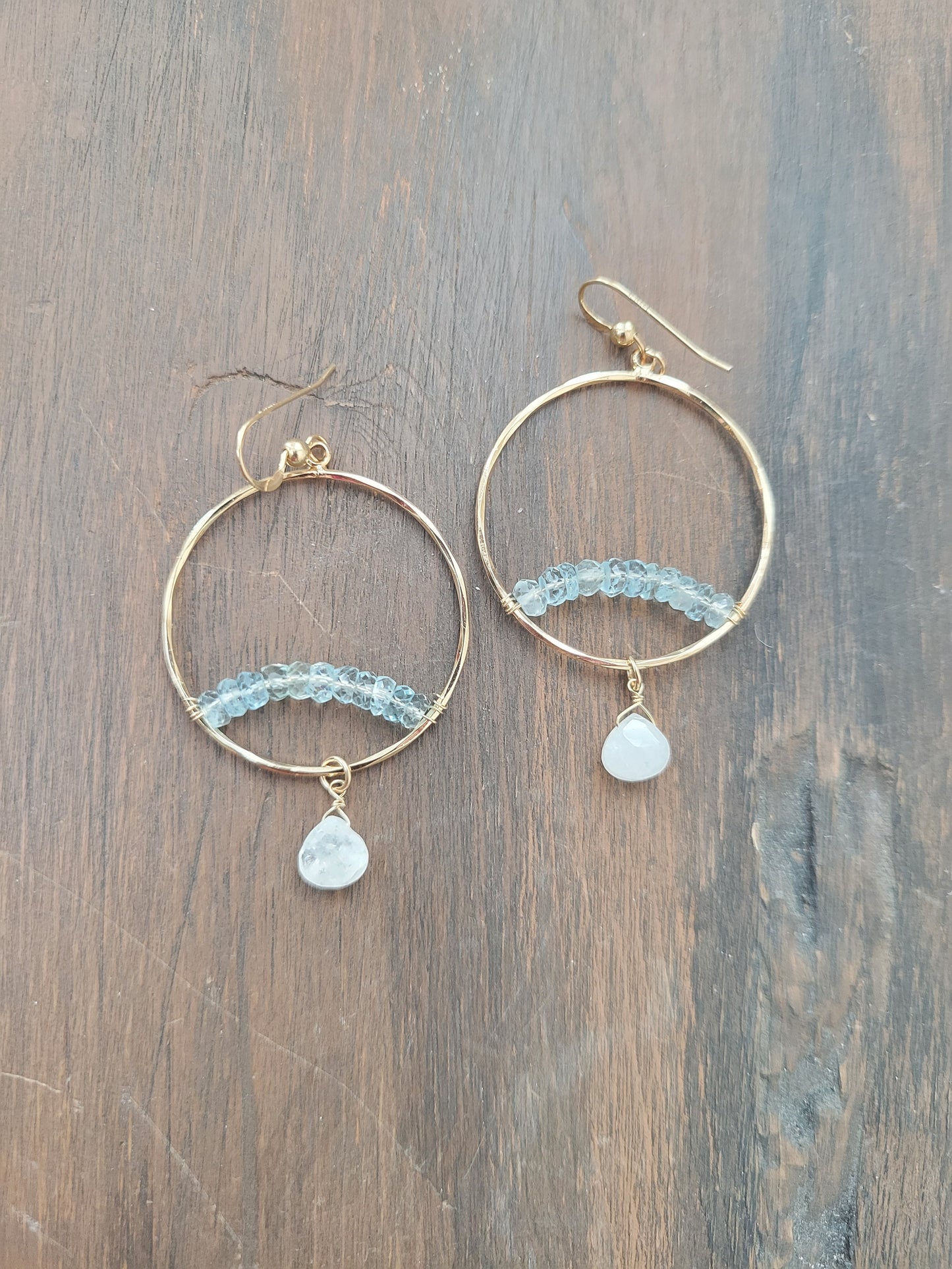 Aquamarine Arch Hoop Earrings with Moonstone