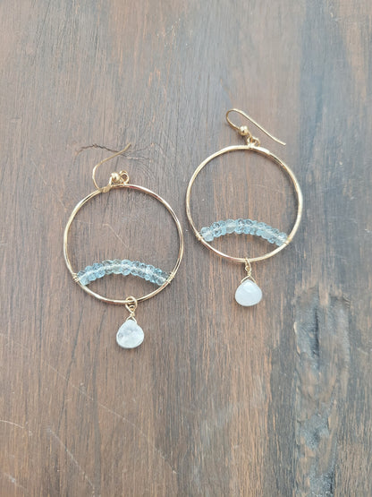 Aquamarine Arch Hoop Earrings with Moonstone