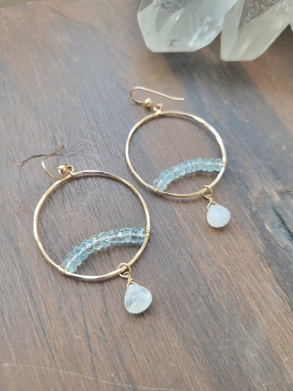 Aquamarine Arch Hoop Earrings with Moonstone