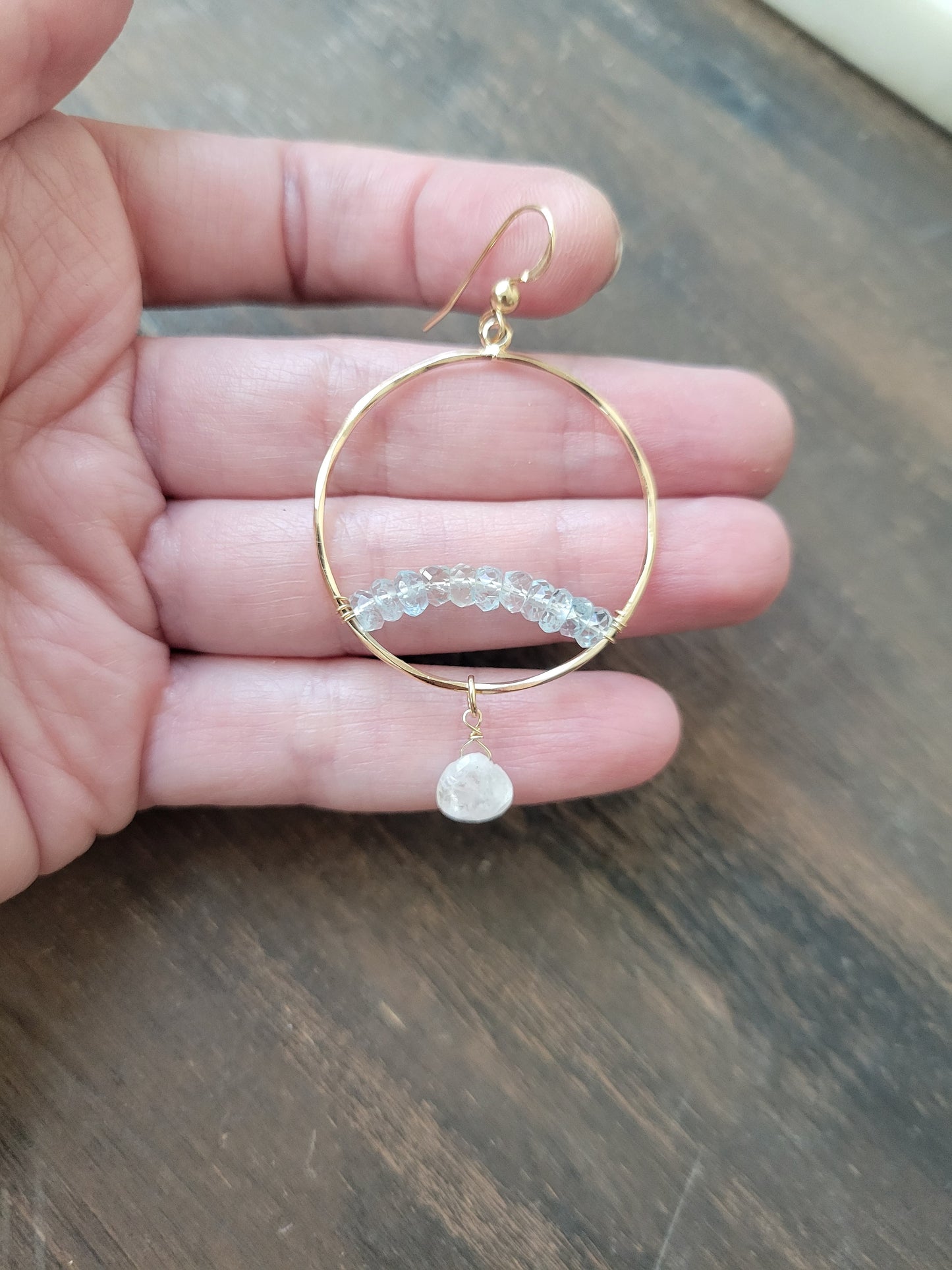 Aquamarine Arch Hoop Earrings with Moonstone