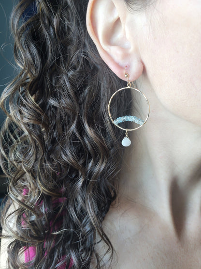 Aquamarine Arch Hoop Earrings with Moonstone