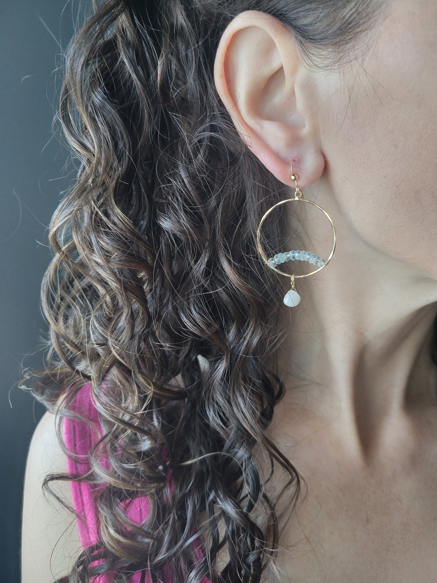 Aquamarine Arch Hoop Earrings with Moonstone