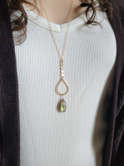 Long Y Necklace with Moonstone or Labradorite Gemstone