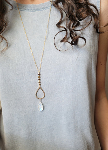 Long Y Necklace with Moonstone or Labradorite Gemstone