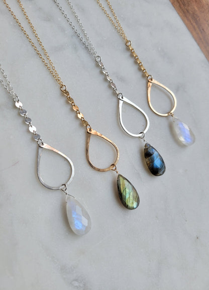 Long Y Necklace with Moonstone or Labradorite Gemstone