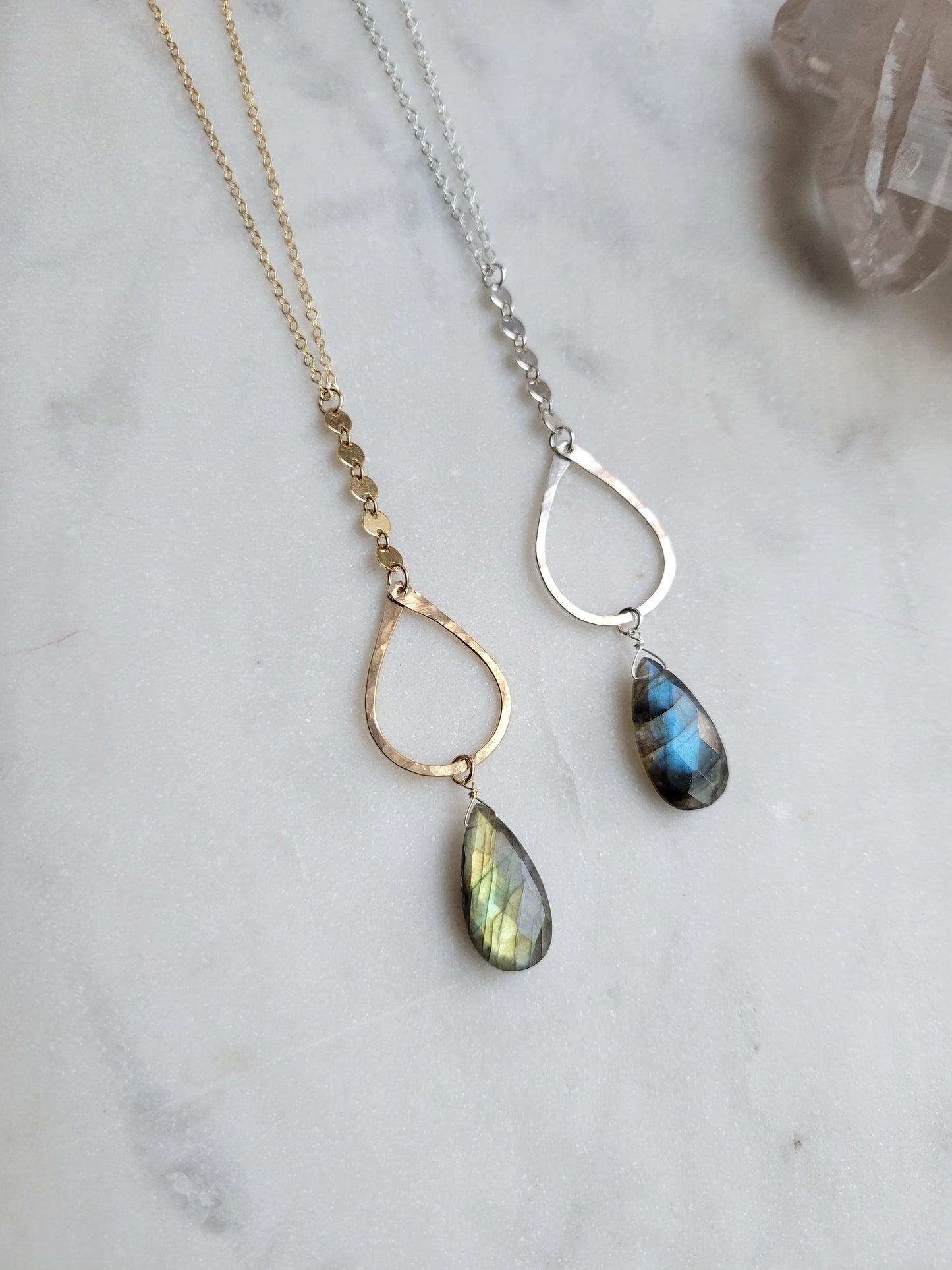 Long Y Necklace with Moonstone or Labradorite Gemstone