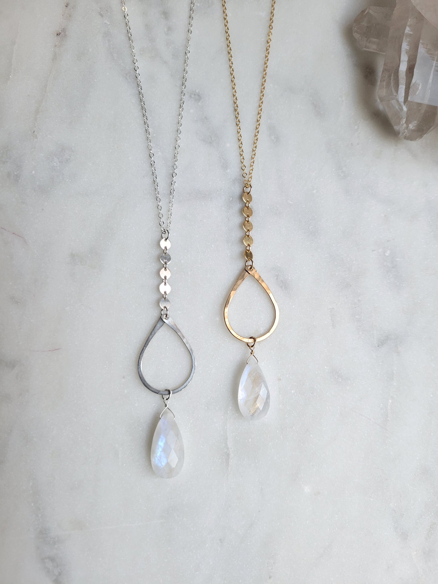 Long Y Necklace with Moonstone or Labradorite Gemstone